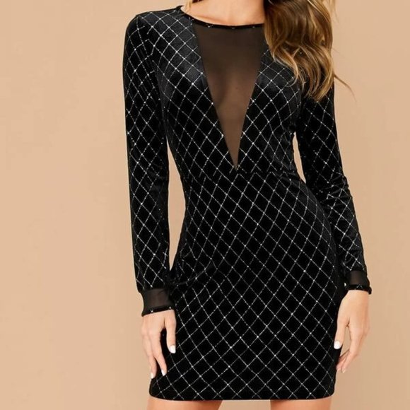 Dresses & Skirts - Black Velvet Mesh Insert Bodycon Dress in L
